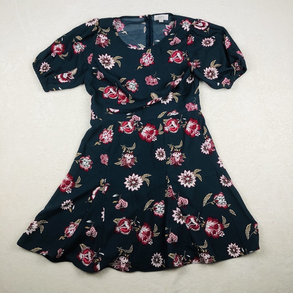 LOFT Womens 0 Dress Gray w Pink Floral Ruffle Crew Neck Short Sleeve Casual Midi - Picture 1 of 8